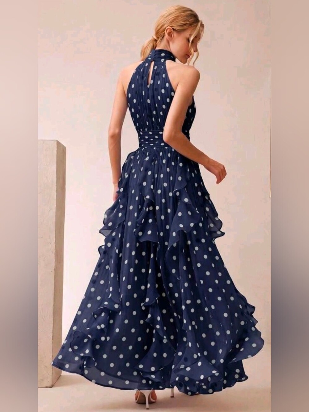 New Flowy Chiffon Polka Dot Ruffle Halter Maxi Dress Navy Blue White - Picture 3 of 13